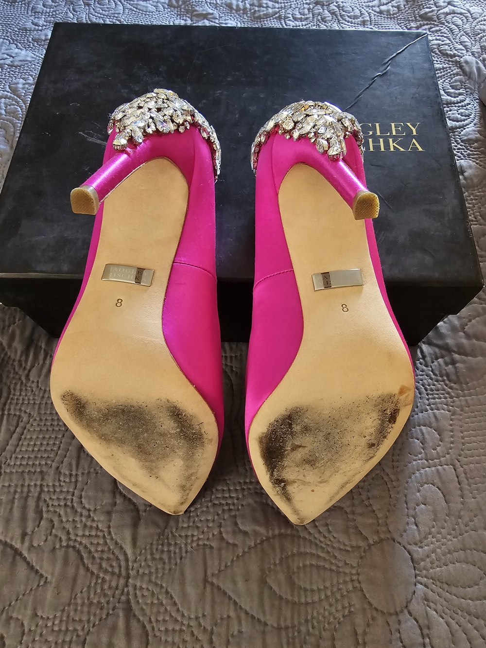 Badgley Mischka Fuchsia Satin Crystal-Embellished Pointed-Toe Pumps - Picture 5 of 7